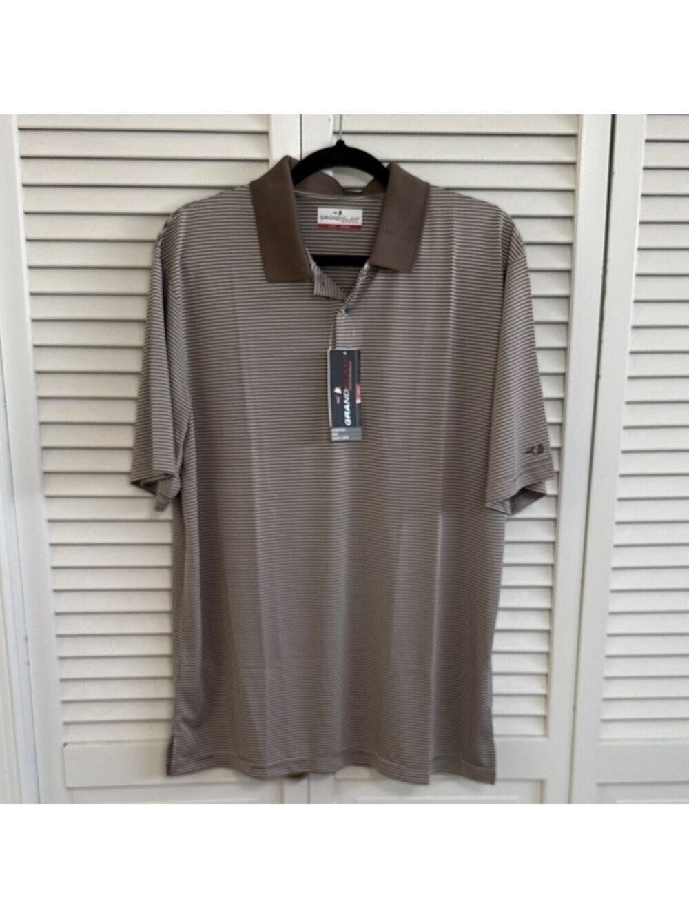 Grand Slam Men’s Taupe Micro-Stripe Polo with Dark Taupe Collar